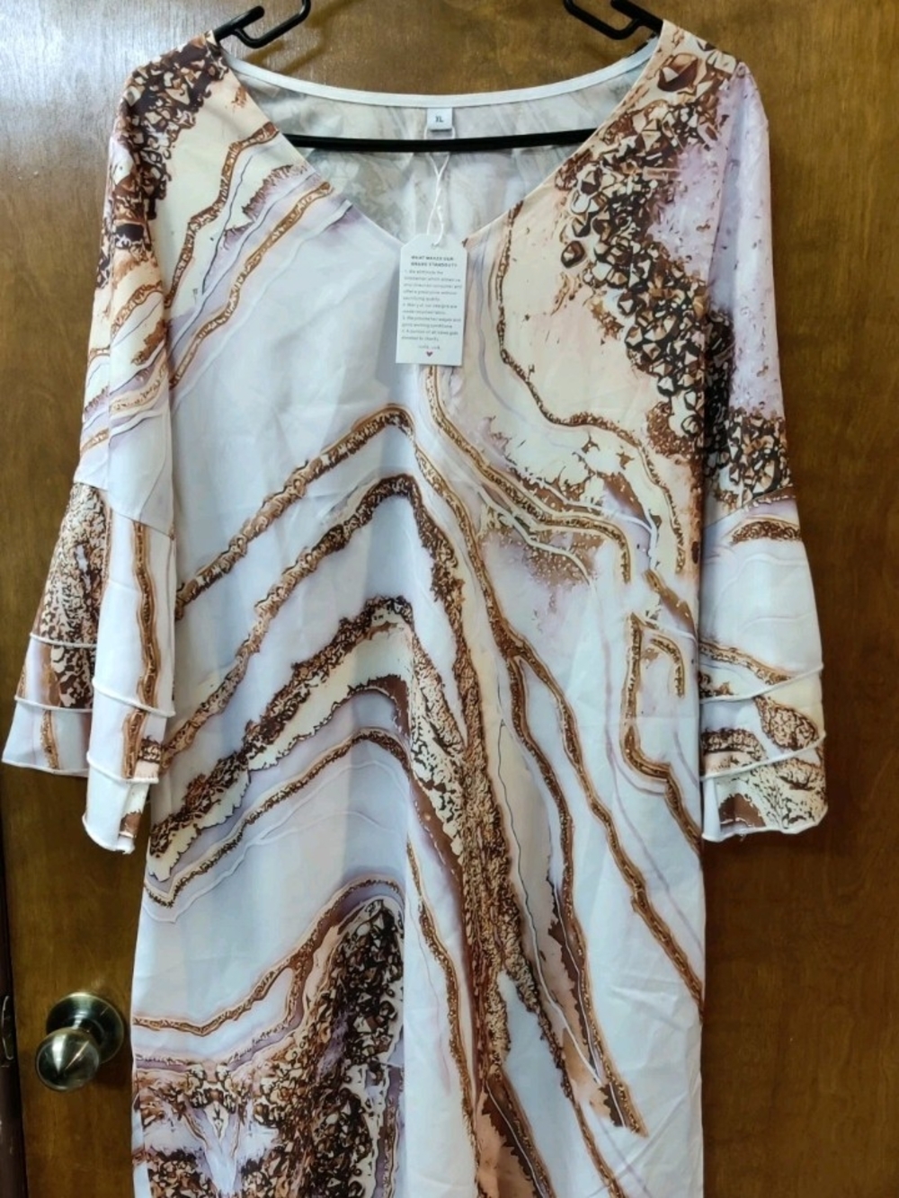 Marble-Print V-Neck Tunic in Cream and Brown